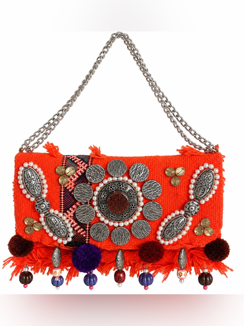 Bright Orange Woven Textile Embellished Shoulder Bag with Chain Strap vintage